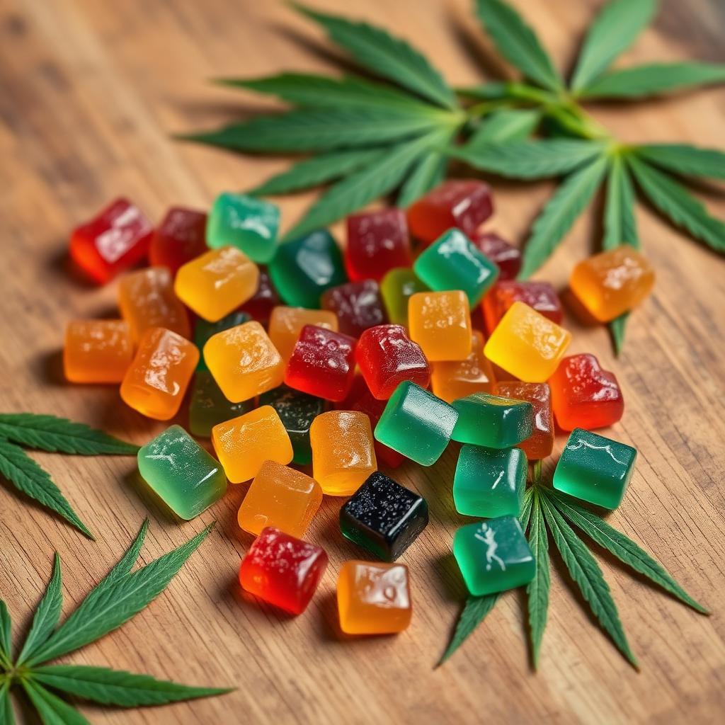 Colorful Balance Bloom CBD gummies with hemp leaves